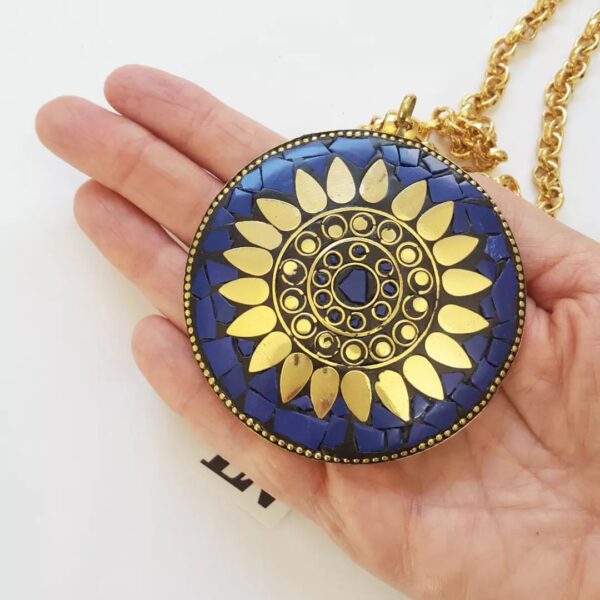 Colar Tibetano Caquinho Azul Corrente Aço Banho Ouro Elo Português-106