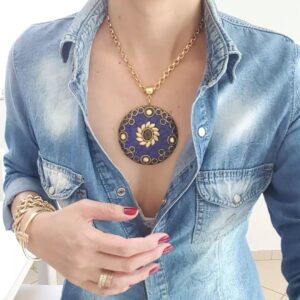 8832 Colar Tibetano Caquinho Azul Corrente Aço Banho Ouro Elo Português-106