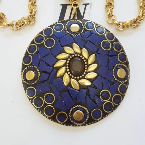 8832b Colar Tibetano Caquinho Azul Corrente Aço Banho Ouro Elo Português-106