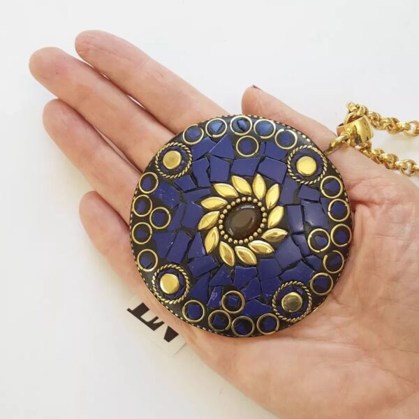 8832c Colar Tibetano Caquinho Azul Corrente Aço Banho Ouro Elo Português-106