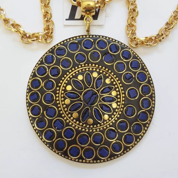 8833b Colar Tibetano Caquinho Azul Corrente Aço Banho Ouro Elo Português-106