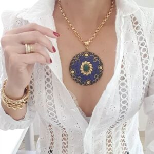 8834 Colar Tibetano Caquinho Azul Corrente Aço Banho Ouro Elo Português-106