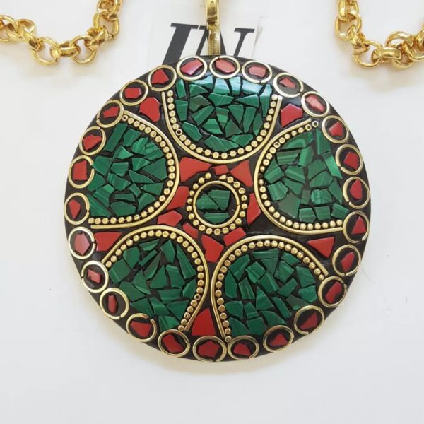 8839b Colar Tibetano Caquinho Verde Vermelho Corrente Aço Banho Ouro Elo Português-106