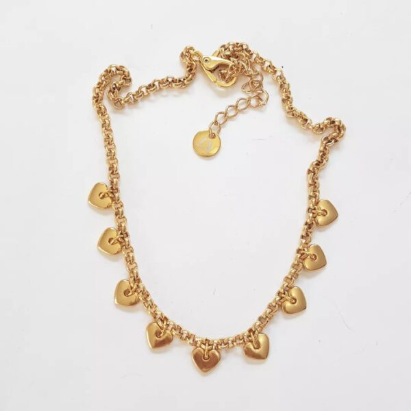 Conjunto 2 Colares Quartzo Verde Corações Banho Ouro Elo Português-218