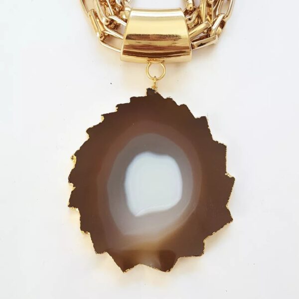 Colar Pedra Geodo Ágata Clara Banho Ouro 4 Voltas Corrente Aço Elo Retangular-24