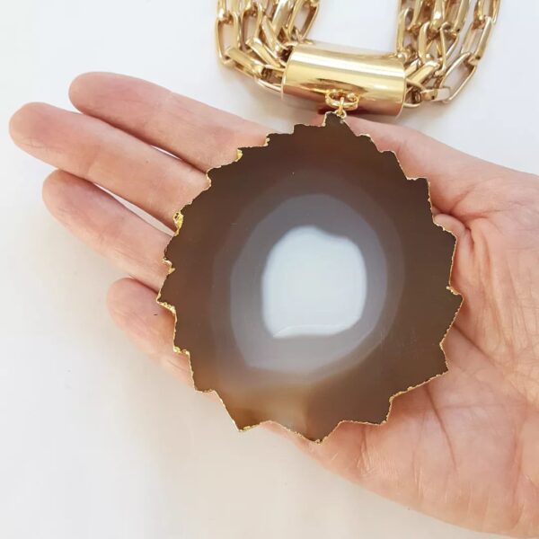 Colar Pedra Geodo Ágata Clara Banho Ouro 4 Voltas Corrente Aço Elo Retangular-24