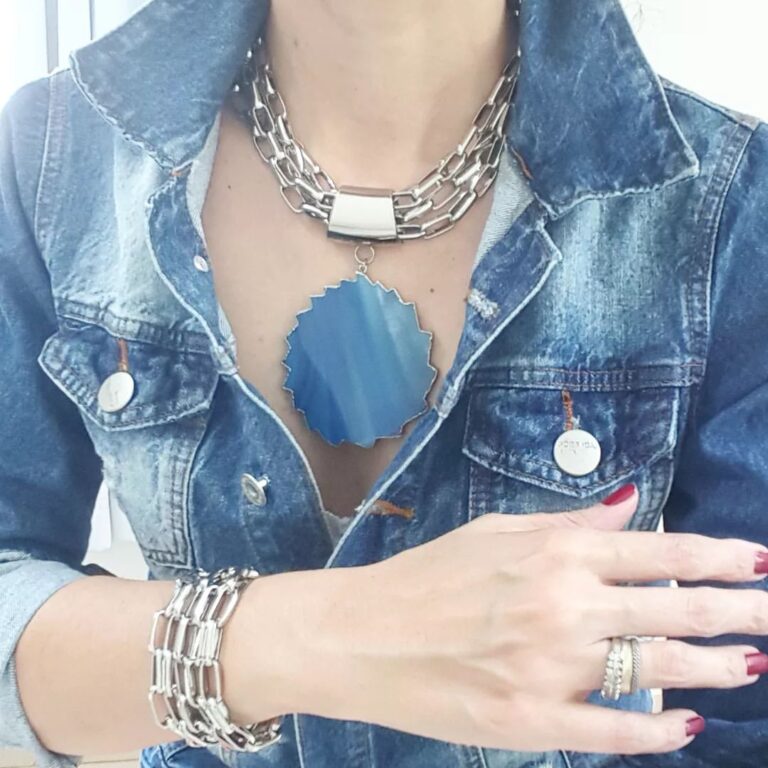 Conjunto Pedra Mineral Ágata Azul Colar 4 Voltas + Pulseira 5 Voltas