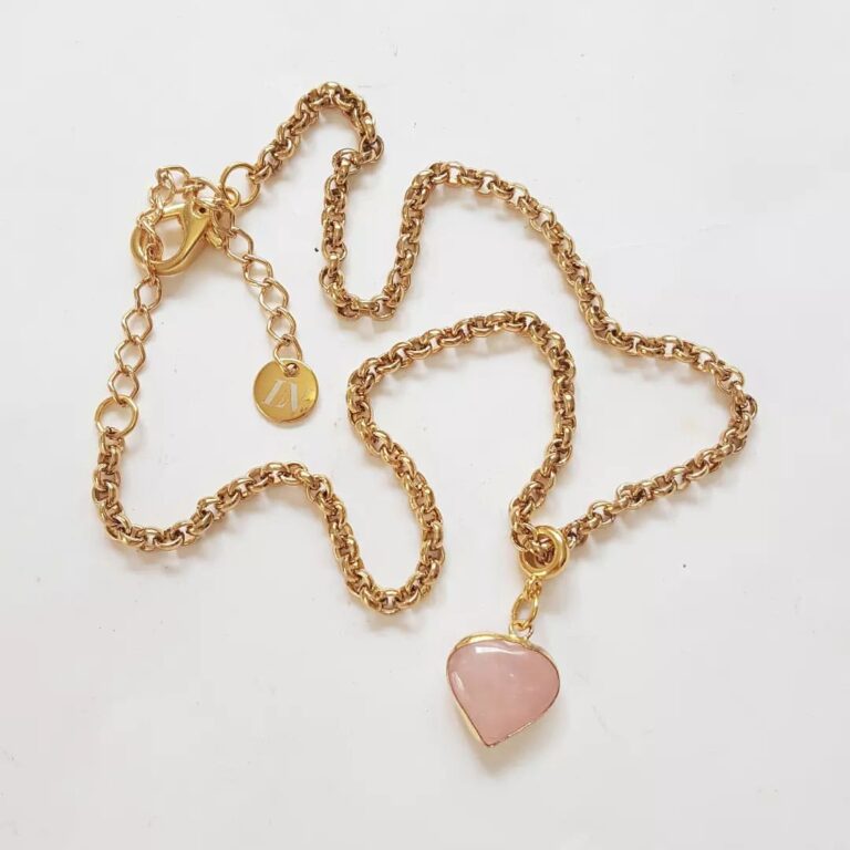 Colar Pingente Mini Coração Quartzo Rosa Banho Ouro Elo Português-218