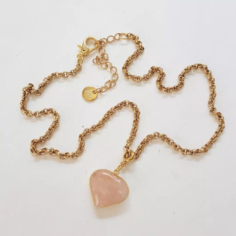Colar Coração Pequeno Quartzo Rosa Banho Ouro Elo Português-218