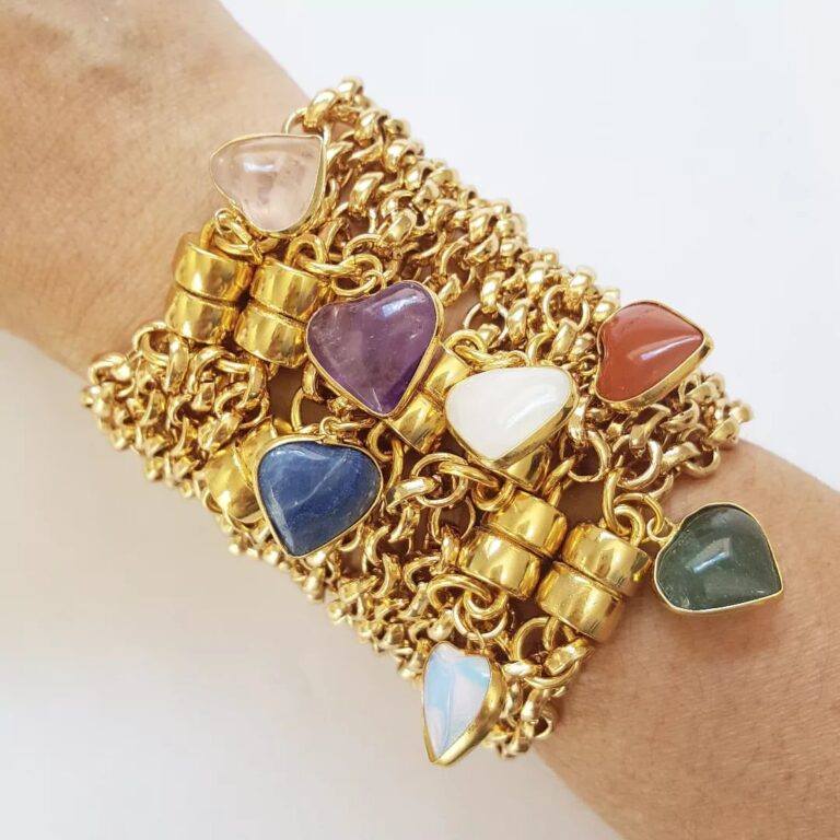 Conjunto 7 Pulseiras Pedras Minerais Àgata Sodalita Ametista Banho Ouro