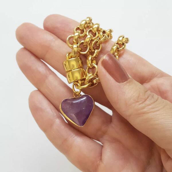 8860g Pulseira Pingente Mini Coração Pedra Ametista Lilás Banho Ouro Elo Português-106