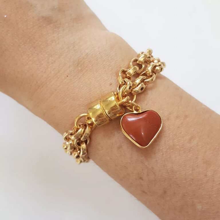 Pulseira Pingente Mini Coração Pedra Jaspe Vermelha Banho Ouro Elo Português-106