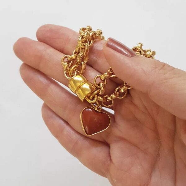 Pulseira Pingente Mini Coração Pedra Jaspe Vermelha Banho Ouro Elo Português-106