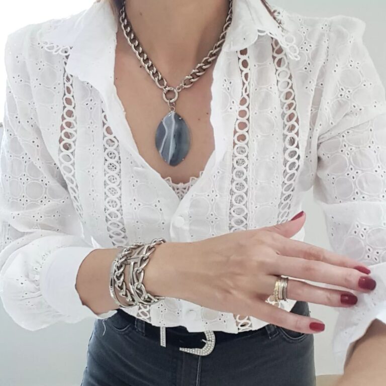 Colar Prata Pedra Mineral Cinza Formato Folha Corrente Grossa Grumet-117