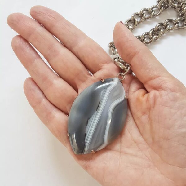 Colar Prata Pedra Mineral Cinza Formato Folha Corrente Grossa Grumet-117