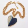 Colar Pedra Mineral Ágata Azul e Branca Coração Banho Ouro Elo Português-106