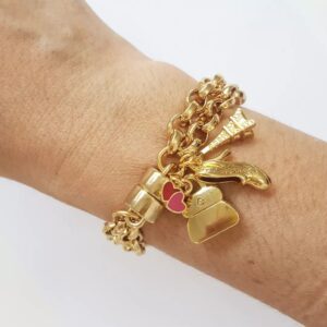 Pulseira Pingentes Eiffel Salto Corações Bolsa Banho Ouro Elo Português-106