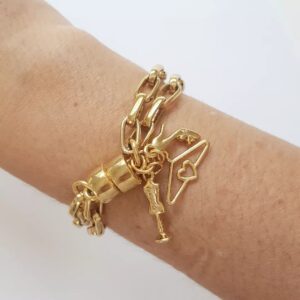 Pulseira Pingentes Manequim Salto Cabide Banho Ouro Elo Retangular-129
