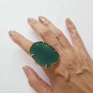 Anel Regulável Pedra Mineral Ágata Verde Cravejada Banho Ouro