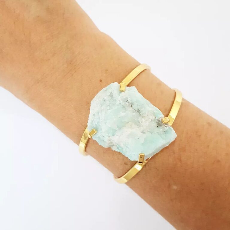 Pulseira Bracelete Rígido Metal Pedra Bruta Amazonita Banho Ouro