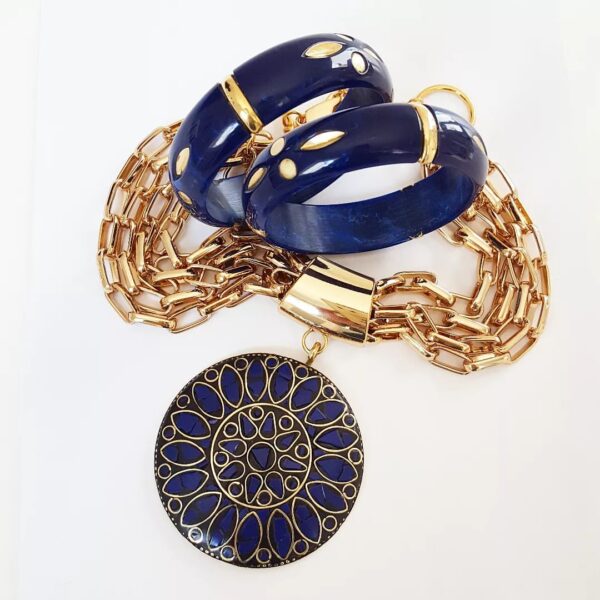 Conjunto 2 Pulseiras + Colar Tibetano Caquinho Azul Marinho Corrente Banho Ouro