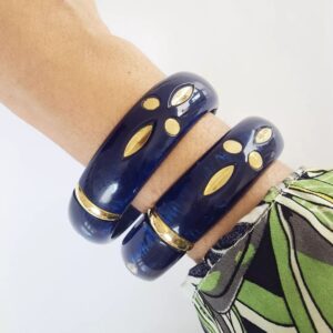 Conjunto 2 Pulseiras Tibetanas Resina Azul Marinho Detalhes Dourados