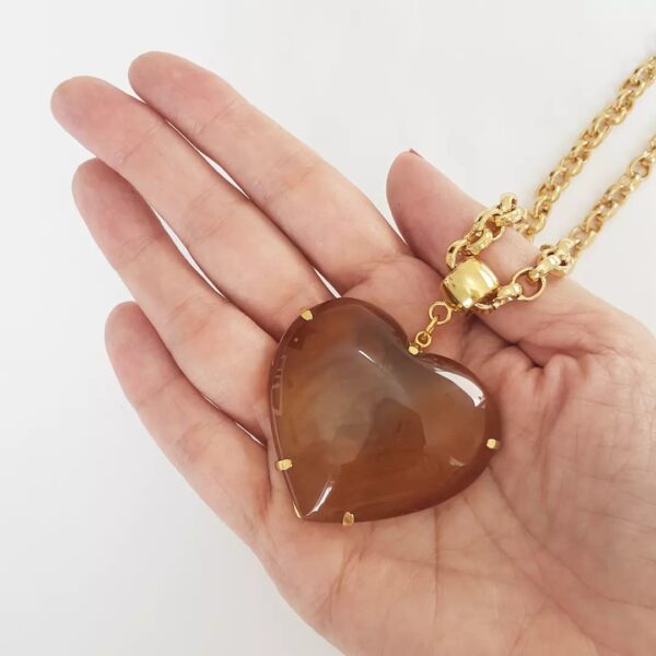 Colar Pedra Mineral Ágata Mel Coração Elo Português-106 Banho Ouro