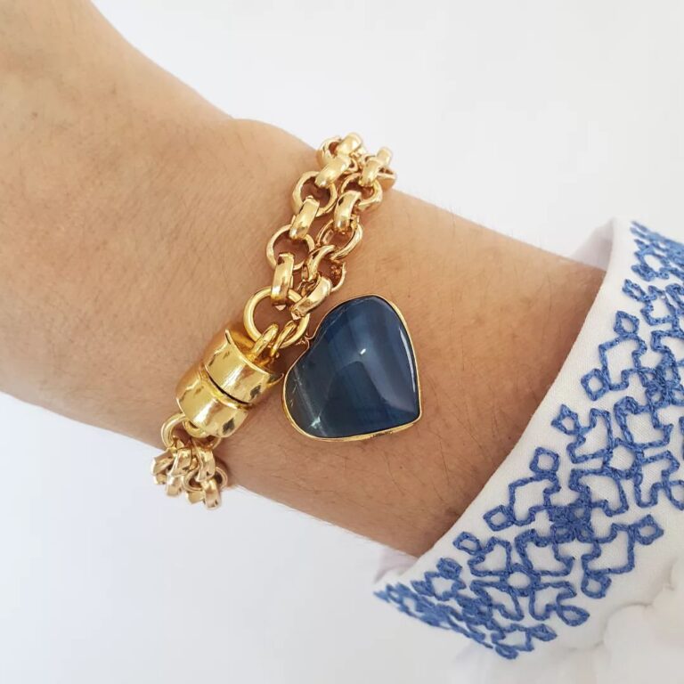 Pulseira Pedra Mineral Ágata Azul Coração Elo Português-106 Banho Ouro