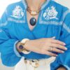 8917 Pulseira Tibetana Importada Larga Osso Pedra Mineral Estrela Azul 17cm