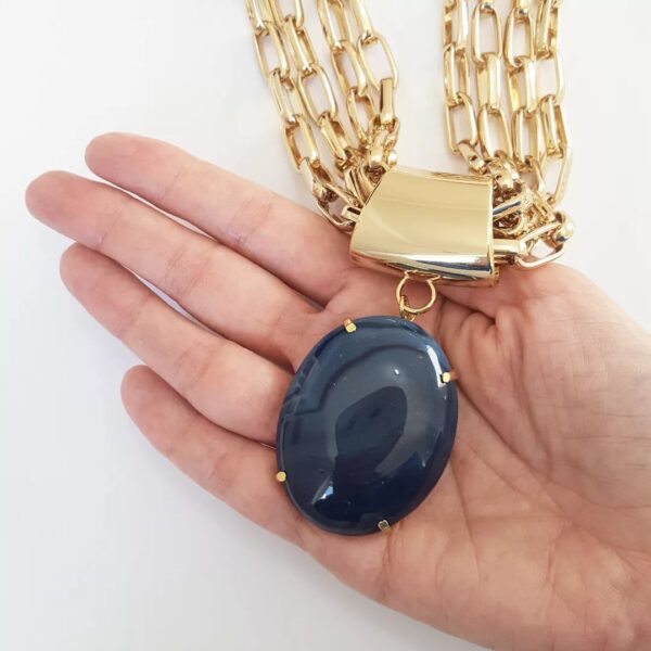 Colar Pedra Mineral Ágata Azul 4 Voltas Elo Retangular-24 Banho Ouro