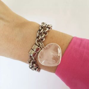 Pulseira Pedra Coração Polido Quartzo Rosa Elo Português-106 Banho Prateado