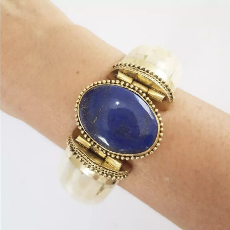 Pulseira Tibetana Importada Larga Osso Pedra Mineral Azul Estrela 18cm