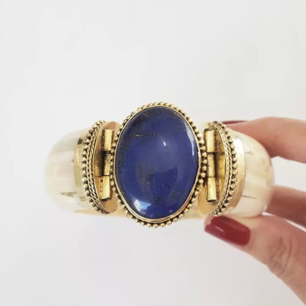 Pulseira Tibetana Importada Larga Osso Pedra Mineral Azul Estrela 18cm