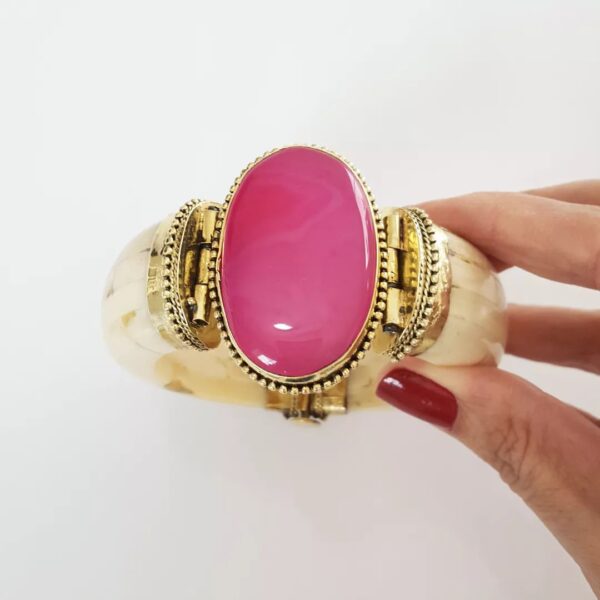 Pulseira Tibetana Osso Importada Média Pedra Mineral Ágata Pink