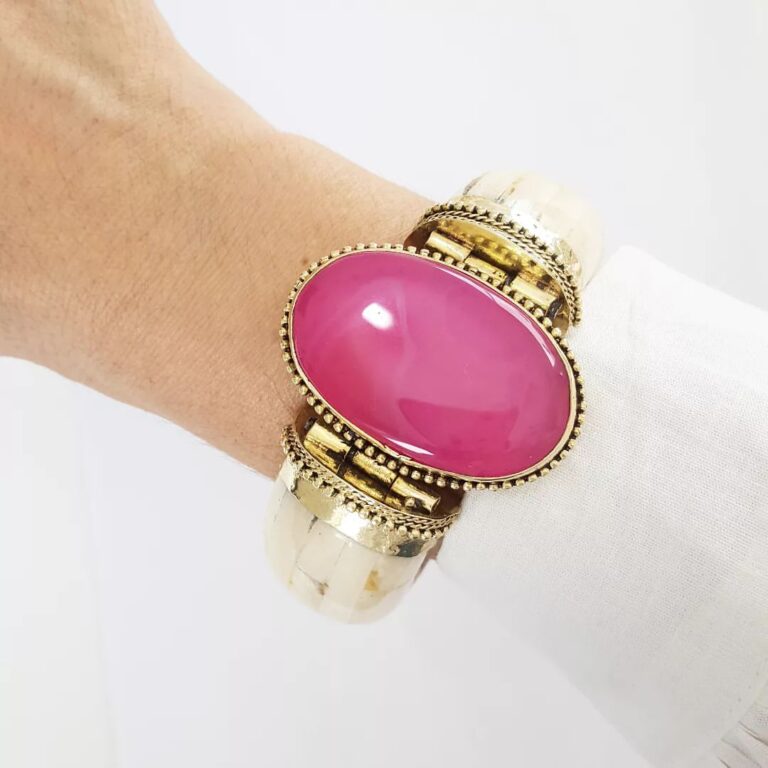 Pulseira Tibetana Osso Importada Média Pedra Mineral Ágata Pink