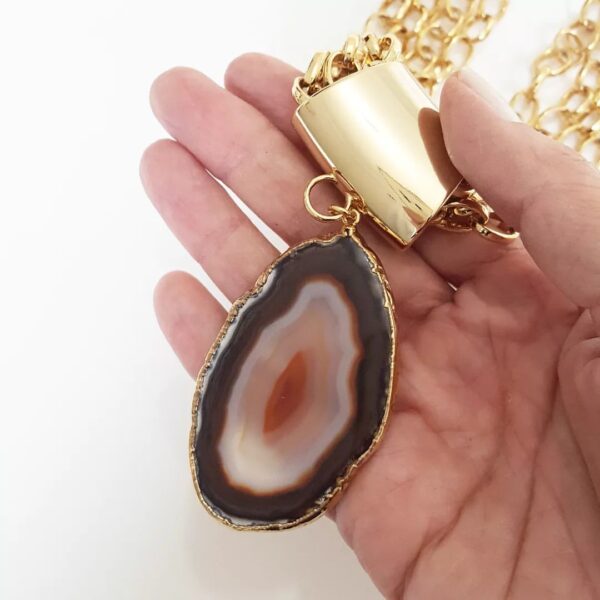 8930d Colar Pedra Mineral Fatia Ágata 4 Voltas Elo Português-23 Banho Ouro