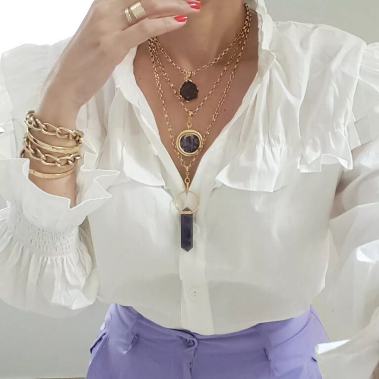 Conjunto 3 Colares Combinados Ametista Lilás Banho Ouro Elo Português-130