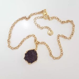 Colar Choker Drusa Ametista Lilás Banho Ouro Elo Português-130 Corrente Aço 