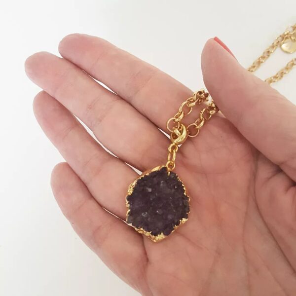 Colar Choker Drusa Ametista Lilás Banho Ouro Elo Português-130 Corrente Aço 