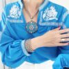 Conjunto Tibetano Colar Caquinho Cerâmica Azul + Pulseira 5 Voltas Banho Prateado