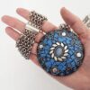Conjunto Tibetano Colar Caquinho Cerâmica Azul + Pulseira 5 Voltas Banho Prateado