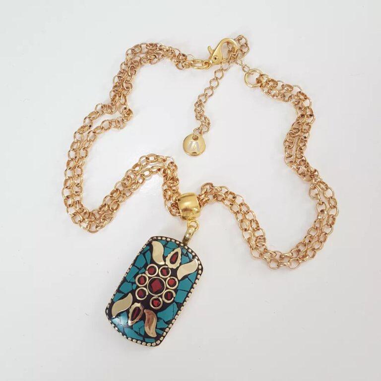 8938d Colar Tibetano Retangular Caquinho Cerâmica Turquesa Corrente Banho Ouro
