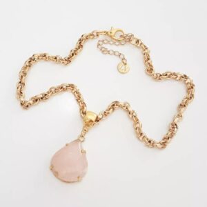 Colar Pedra Mineral Quartzo Rosa Elo Português-106 Banho Ouro Corrente Aço