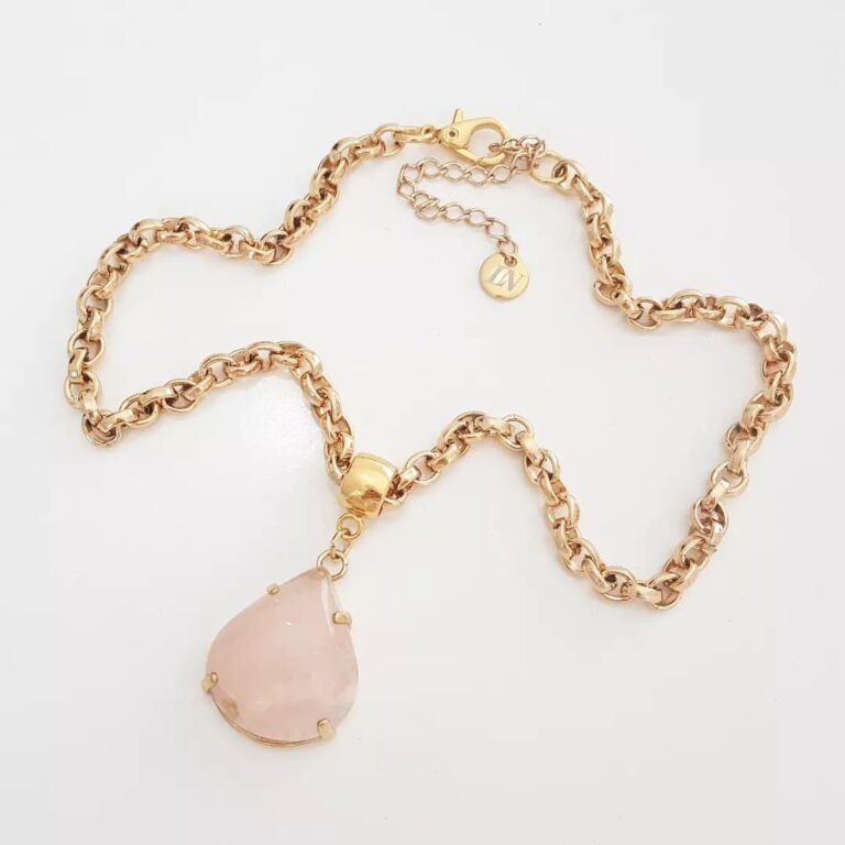 Colar Pedra Mineral Quartzo Rosa Elo Português-106 Banho Ouro Corrente Aço