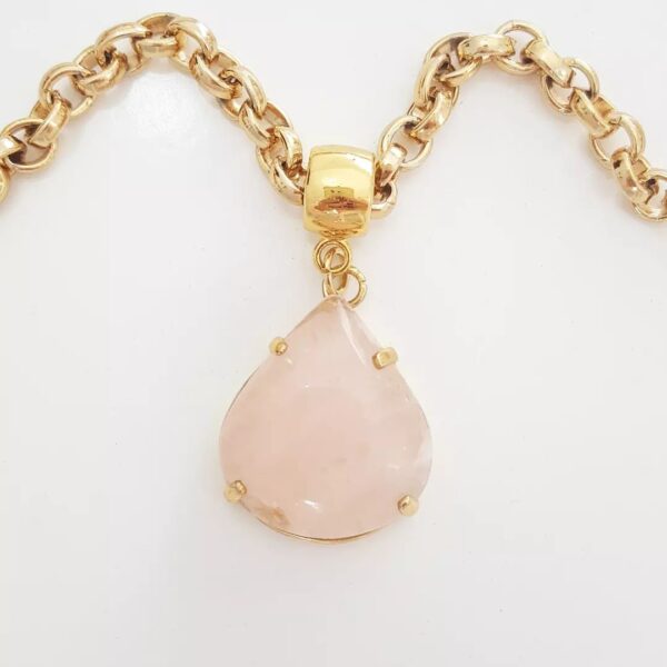Colar Pedra Mineral Quartzo Rosa Elo Português-106 Banho Ouro Corrente Aço