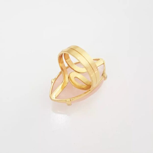 Anel Ajustável Pedra Mineral Quartzo Rosa Cravejada Metal Banho Ouro