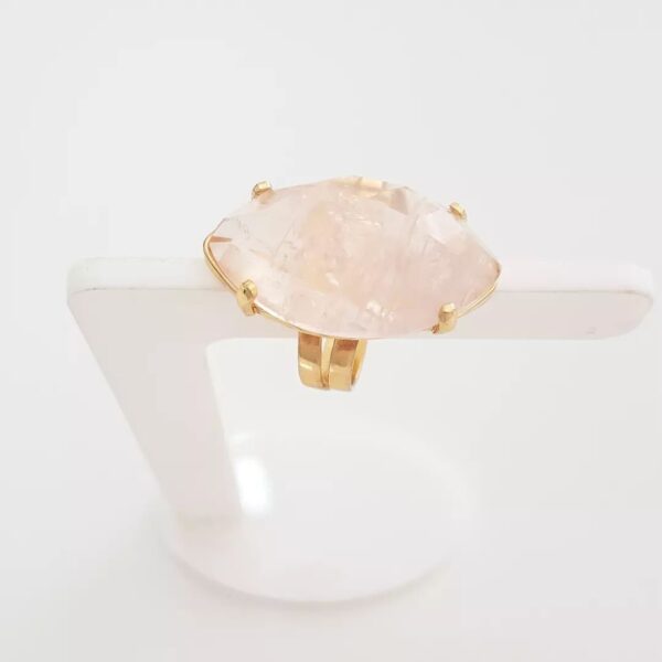 Anel Ajustável Pedra Mineral Quartzo Rosa Cravejada Metal Banho Ouro