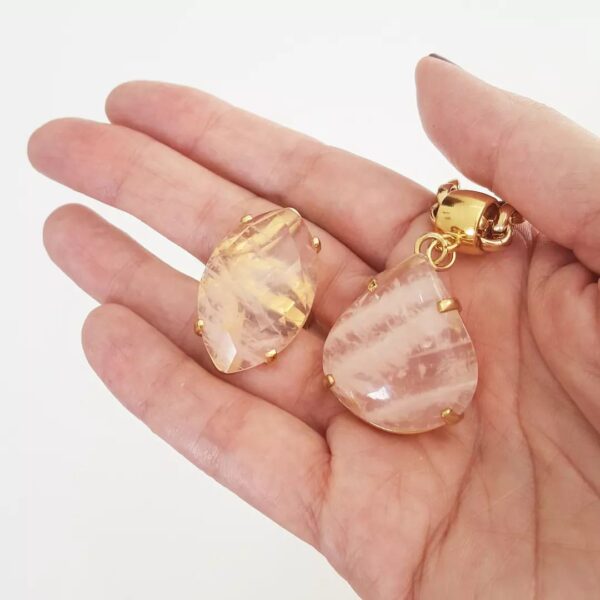 Conjunto Combinado Anel + Colar Pedra Mineral Quartzo Rosa Banho Ouro