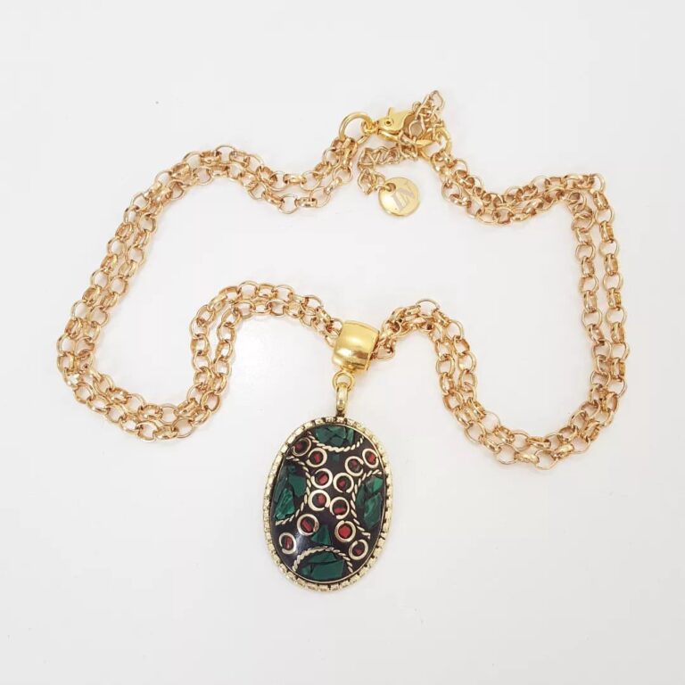 8945c Colar Tibetano Oval Pequeno Caquinho Cerâmica Verde Corrente Banho Ouro