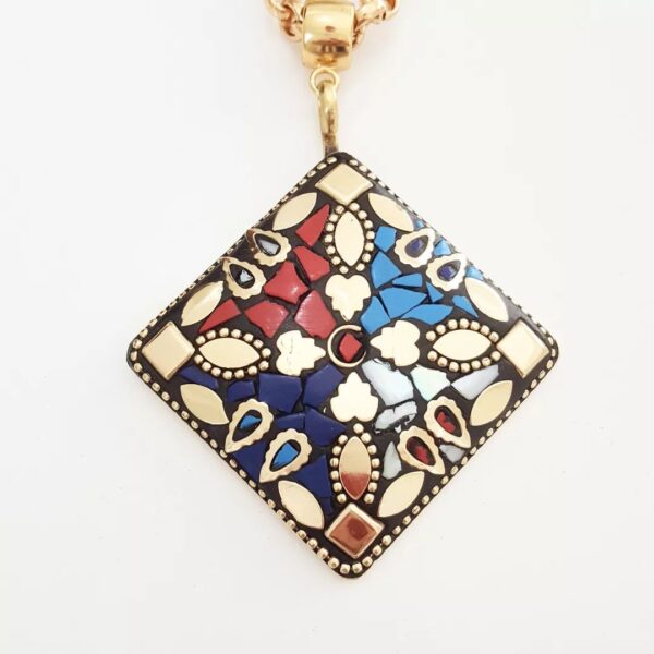 Colar Tibetano Retangular Caquinho Cerâmica Colorida Corrente Banho Ouro